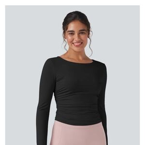 HALARA Round Neck Long Sleeve Thumb Holes Ruched Sides Yoga Top